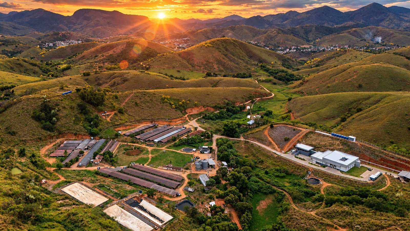 Vista aérea da granja e do frigorífico da Fazenda Memória ao nascer do sol, entre os morros de Raul Soares, Minas Gerais.